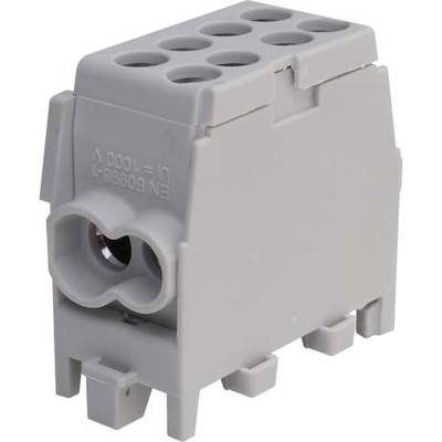 Szürke elektromos csatlakozó több csatlakozási nyílással, alkalmas elektrotechnikai eszközök kábelezési alkalmazásaihoz.