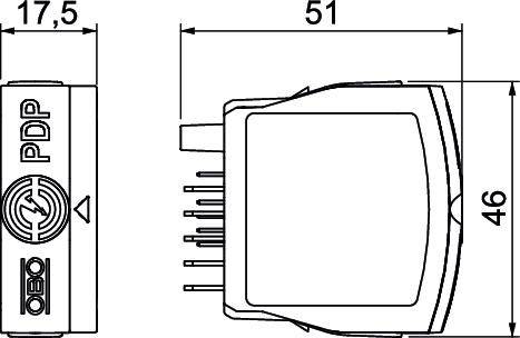 Műszaki rajz egy csatlakozóról a következő méretekkel: szélesség 17,5 mm, hosszúság 51 mm, magasság 46 mm.