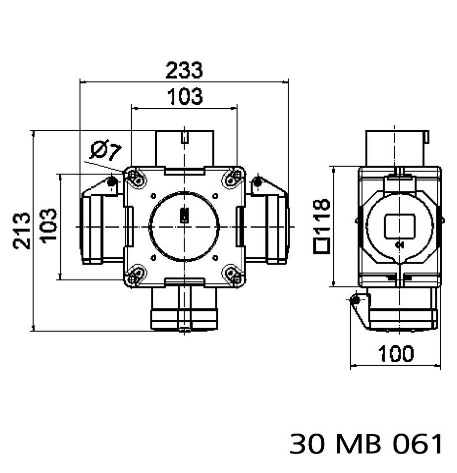 Műszaki rajz egy mechanikai alkatrészről milliméteres méretekkel. Elölnézet 233 mm szélesség, oldalnézet 118 mm magasság. Modellszám: 30 MB 061.