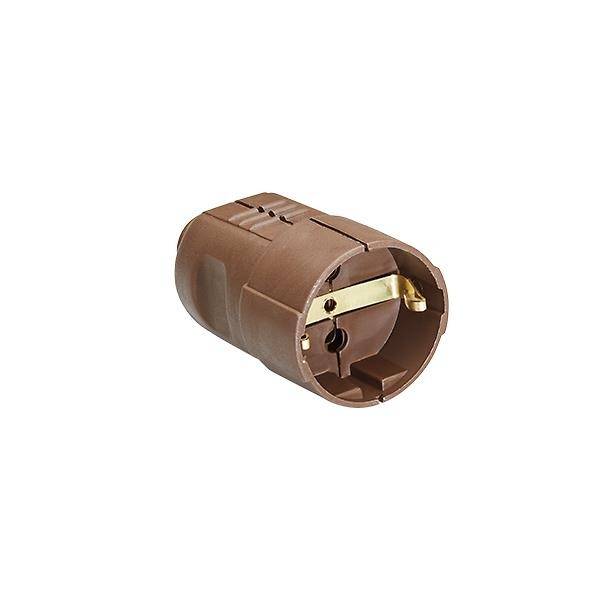 Barna elektromos adapter dugó, hengeres formájú, két fém érintkezővel a belsejében.