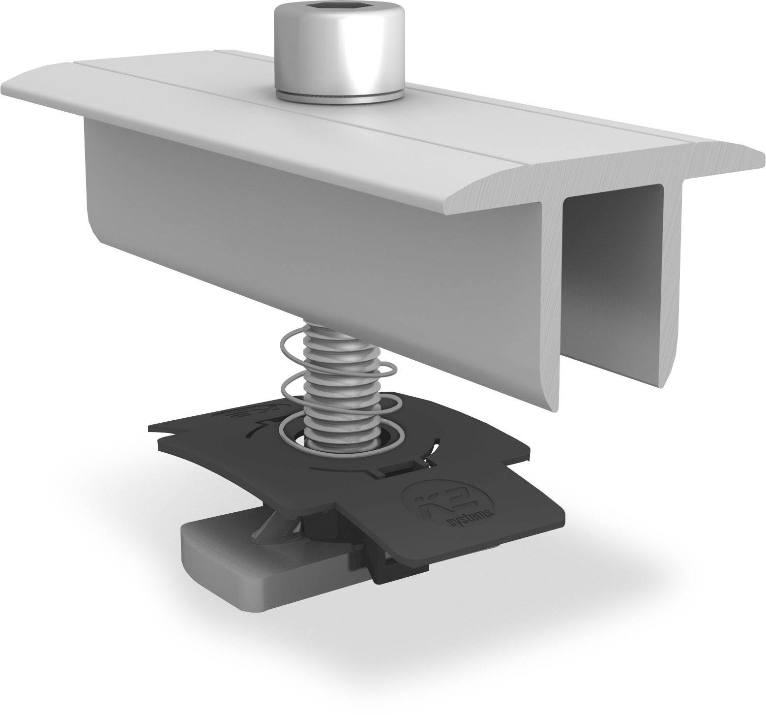 Egy szürke fémkapocs rugóval, amelyet szerelési rendszerekben történő rögzítésre használnak.