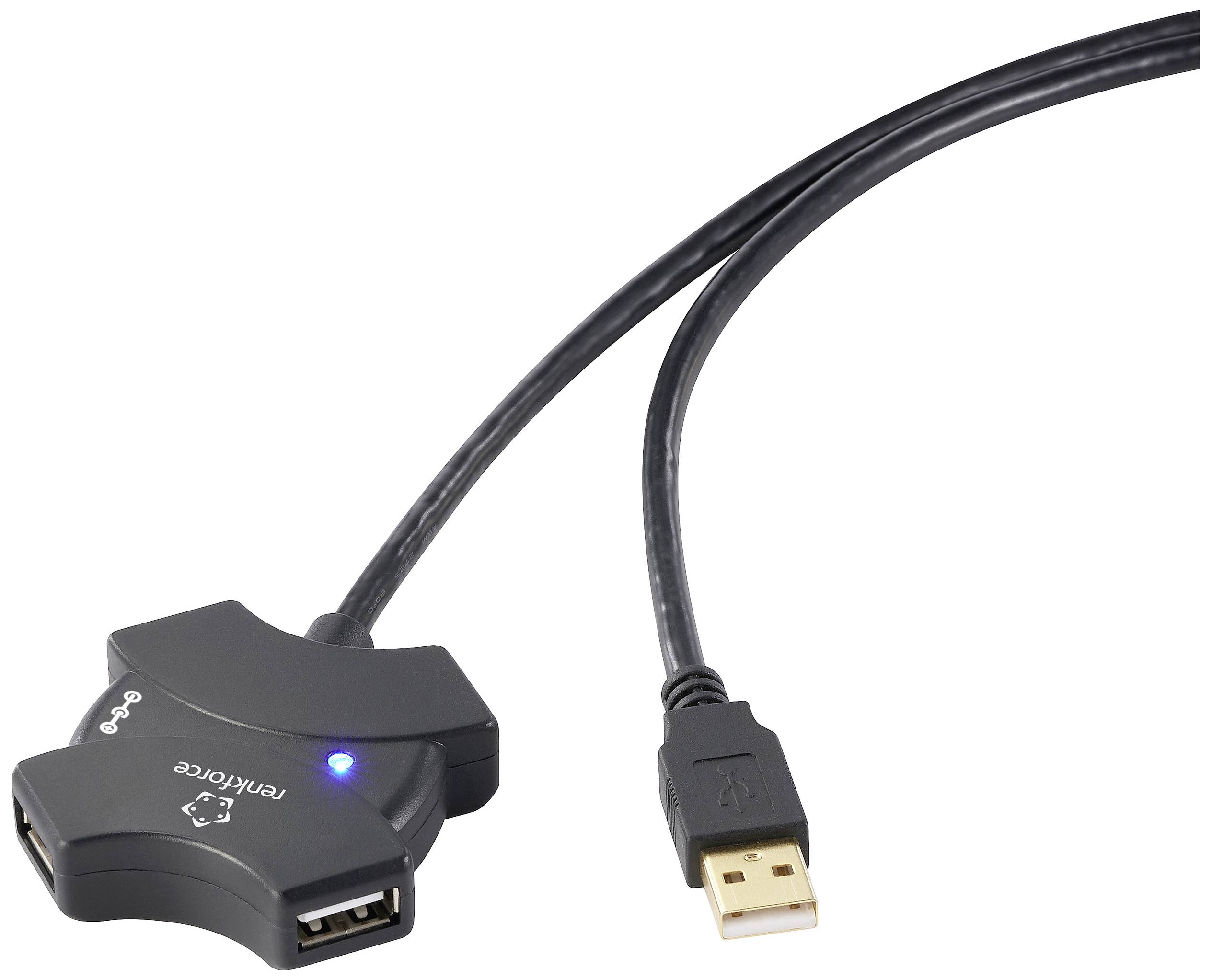 Egy USB-kábel két csatlakozóval és egy elosztó modullal. Az egyik csatlakozó kék fénnyel világít, ami aktív kapcsolatra utal.