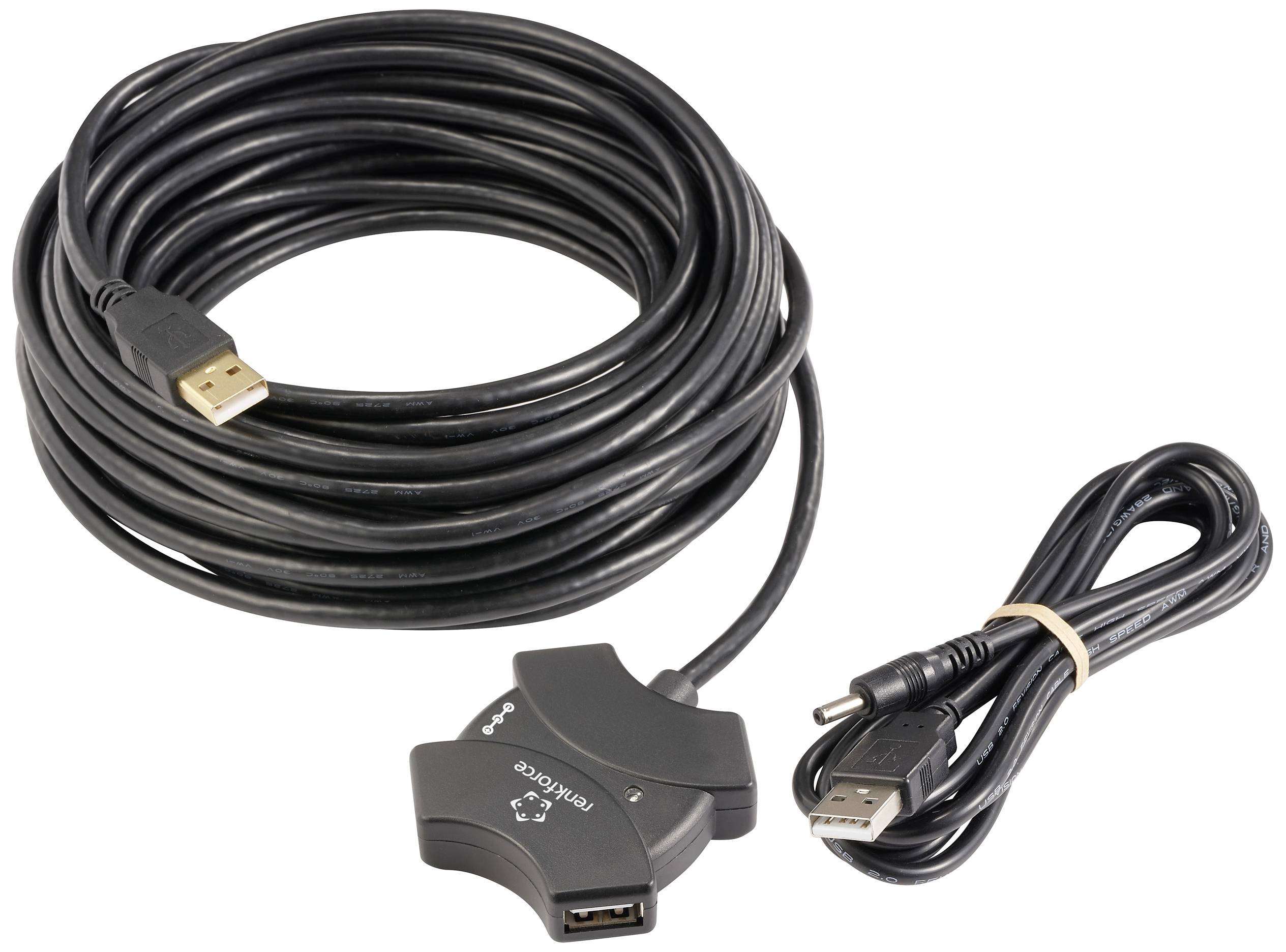 Hosszú USB-hosszabbító kábel egy rövidebb USB-kábellel. A hosszú kábel egy jelminőség-erősítővel rendelkezik.