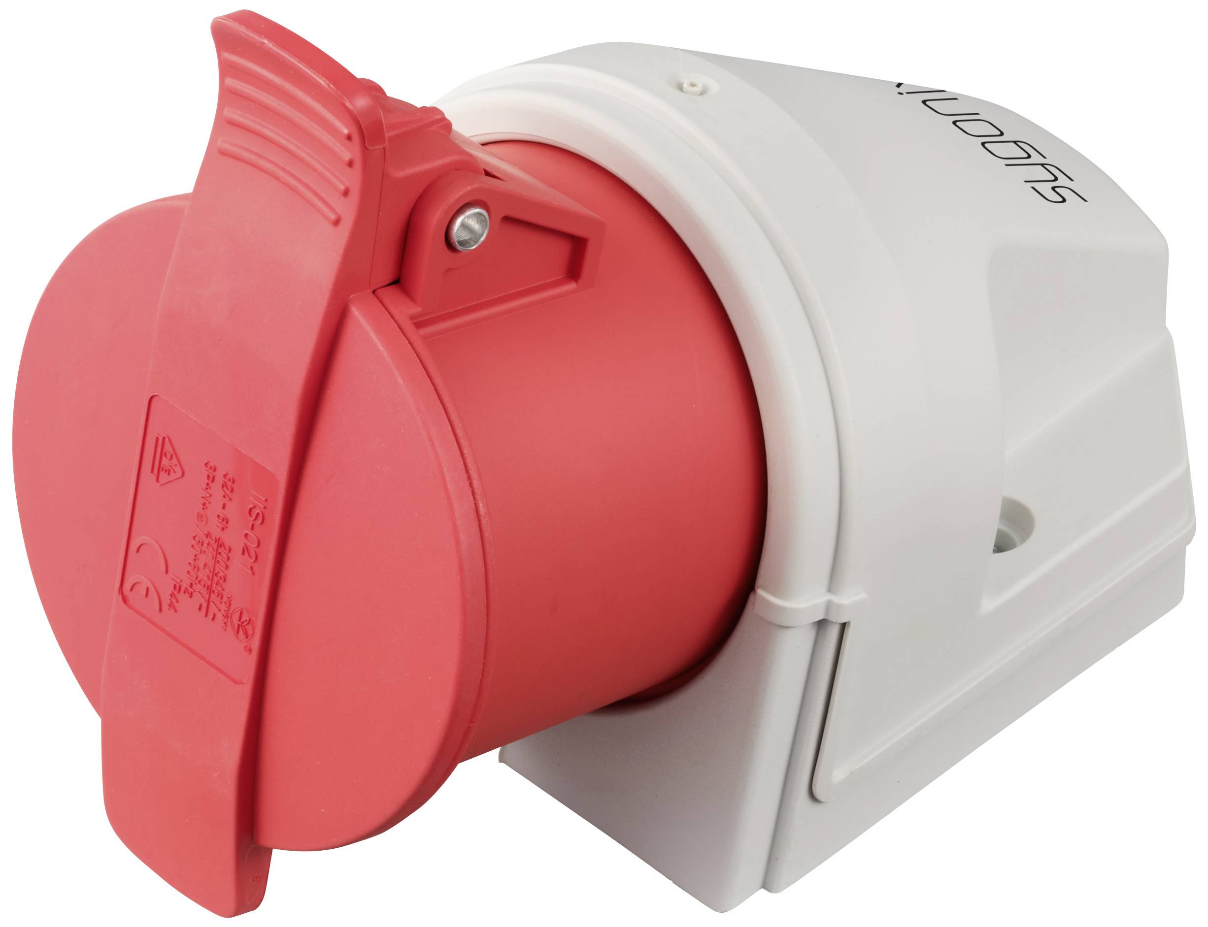 Piros, ipari dugalj fehér házban, alkalmas nagy terhelésű elektromos csatlakozásokhoz.