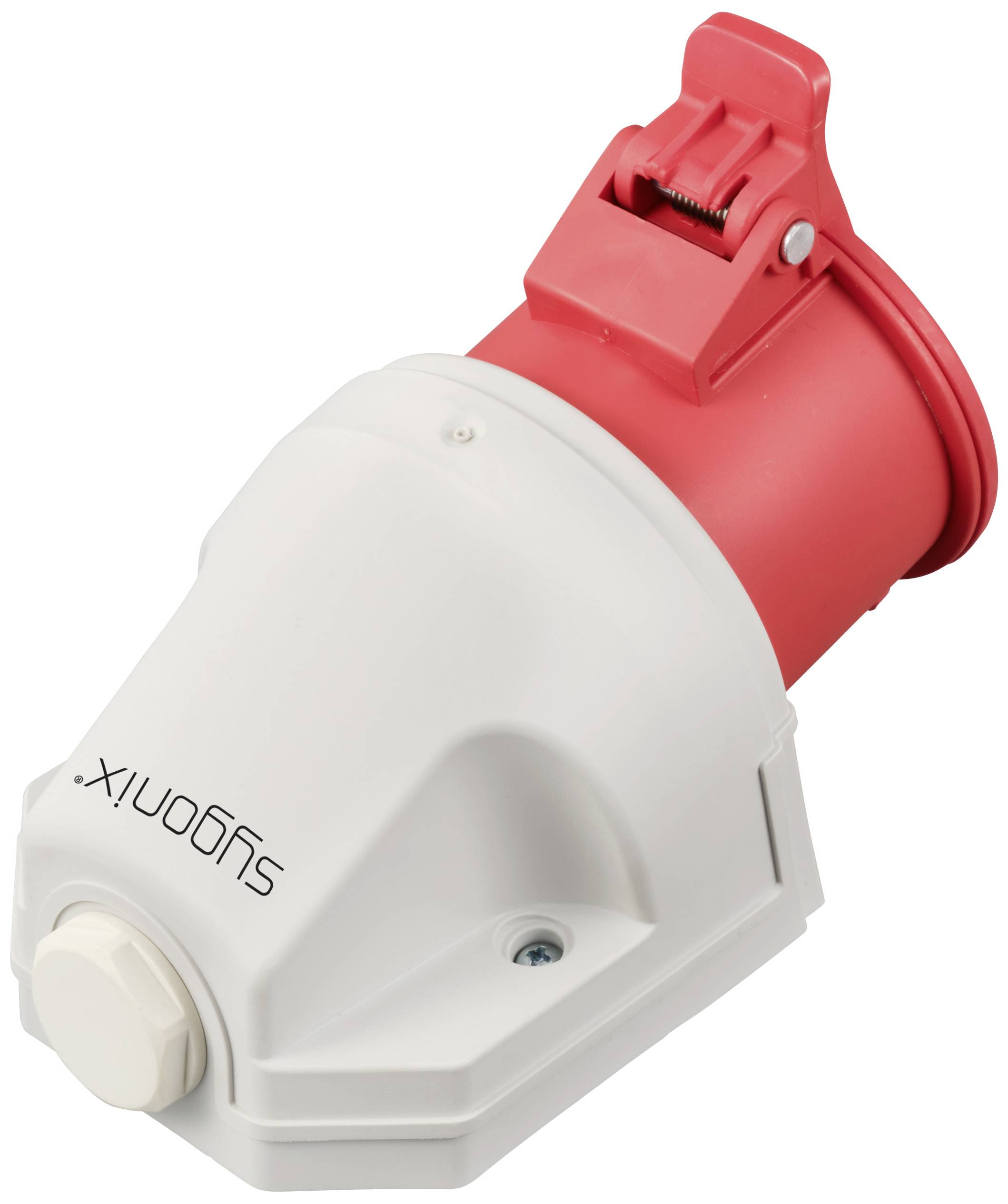 Ipari dugalj piros csatlakozóval műanyagból és fehér házzal. Robusztus elektromos berendezésekhez történő használatra.