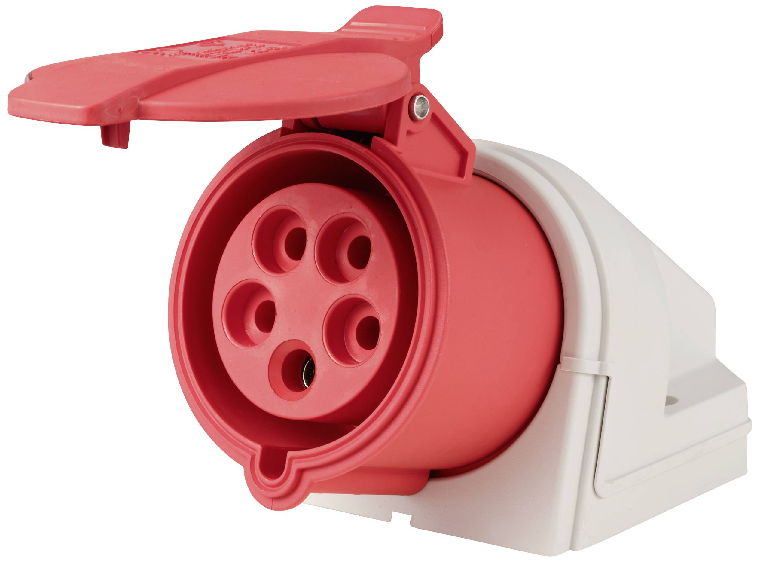 Piros dugalj öt kerek csatlakozóval, tartóval és felhajtható védőfedéllel, fehér házra szerelve.