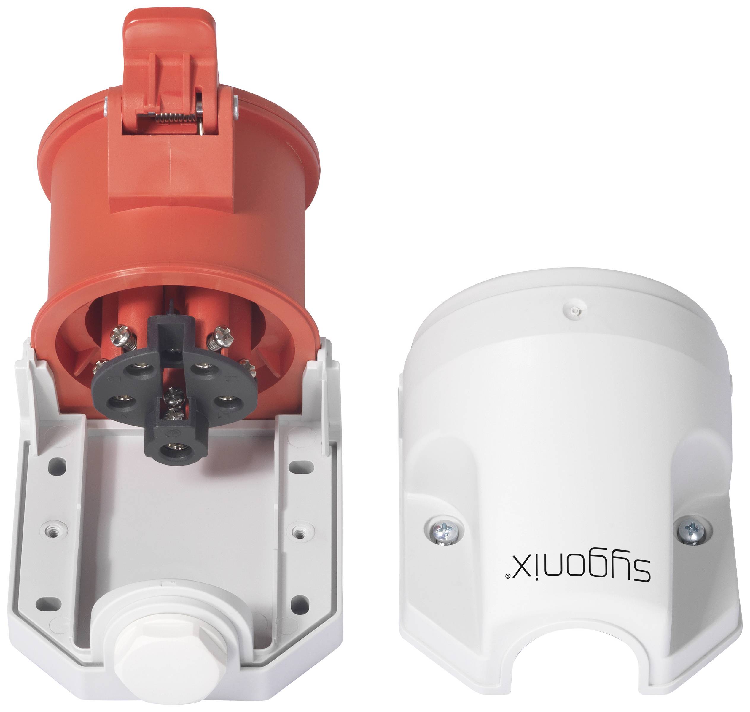 'Egy piros és fehér elektromos komponens csatlakozói. A piros komponensnek elektromos érintkezői vannak, a fehér komponensen a sygomiX felirat szerepel.'