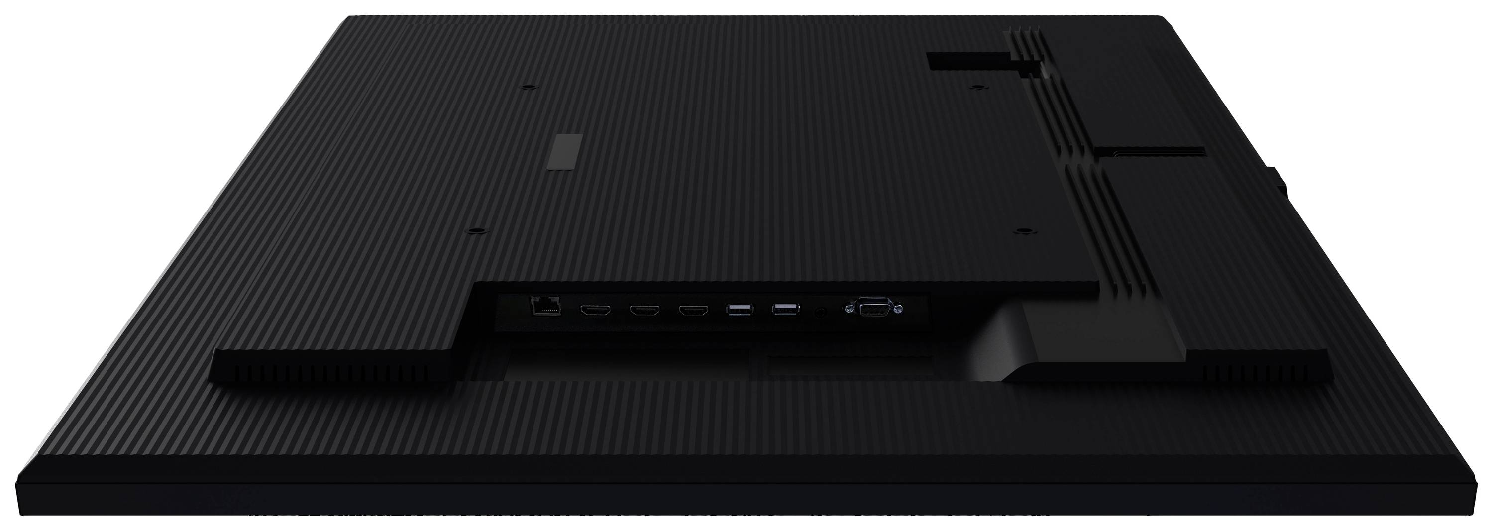 Egy fekete monitor hátulnézete, egy felületen fekve. Láthatók a csatlakozók: HDMI, USB és tápcsatlakozó.