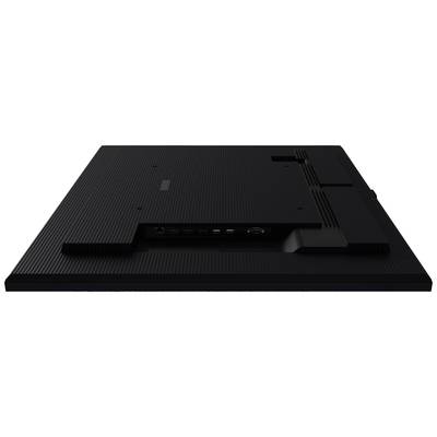 Egy fekete monitor hátulnézete, egy felületen fekve. Láthatók a csatlakozók: HDMI, USB és tápcsatlakozó.