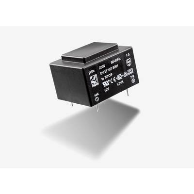 Fekete elektronikai alkatrész, amelyen a '230V primer, 50-60Hz, 12V szekunder, 1/3A' felirat olvasható. Feszültségátalakításra használják.