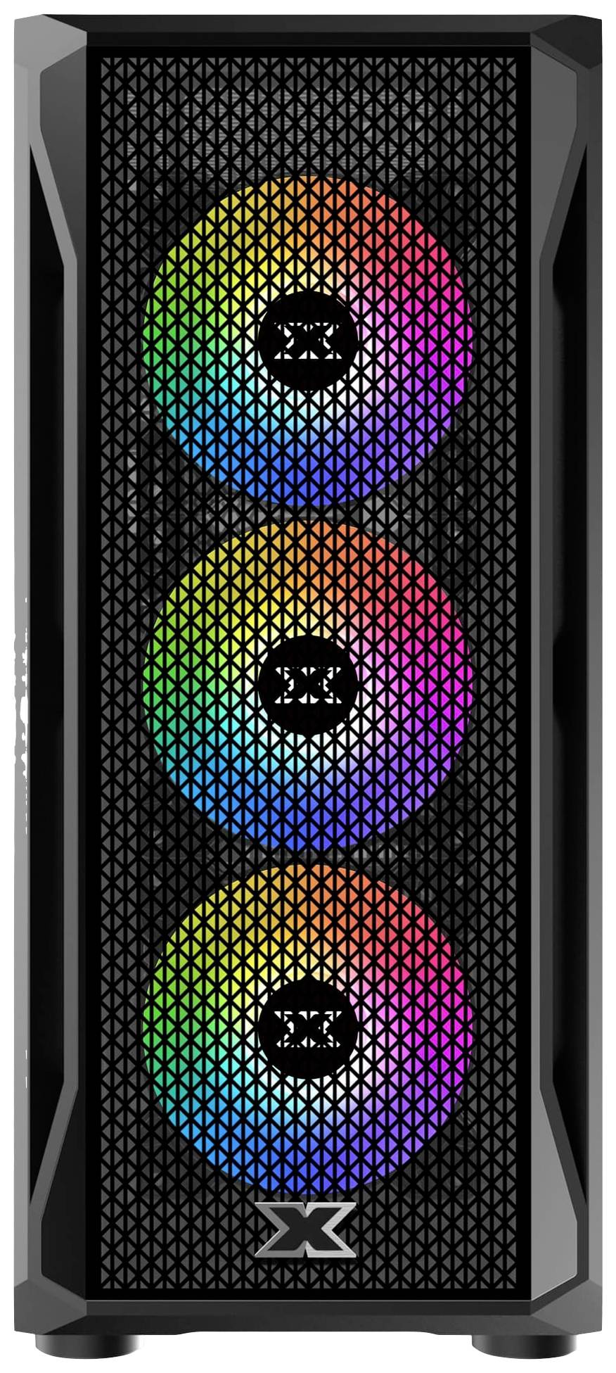 Fekete számítógépház három világító RGB-ventilátor előlappal, amelyek szivárvány színekben ragyognak.