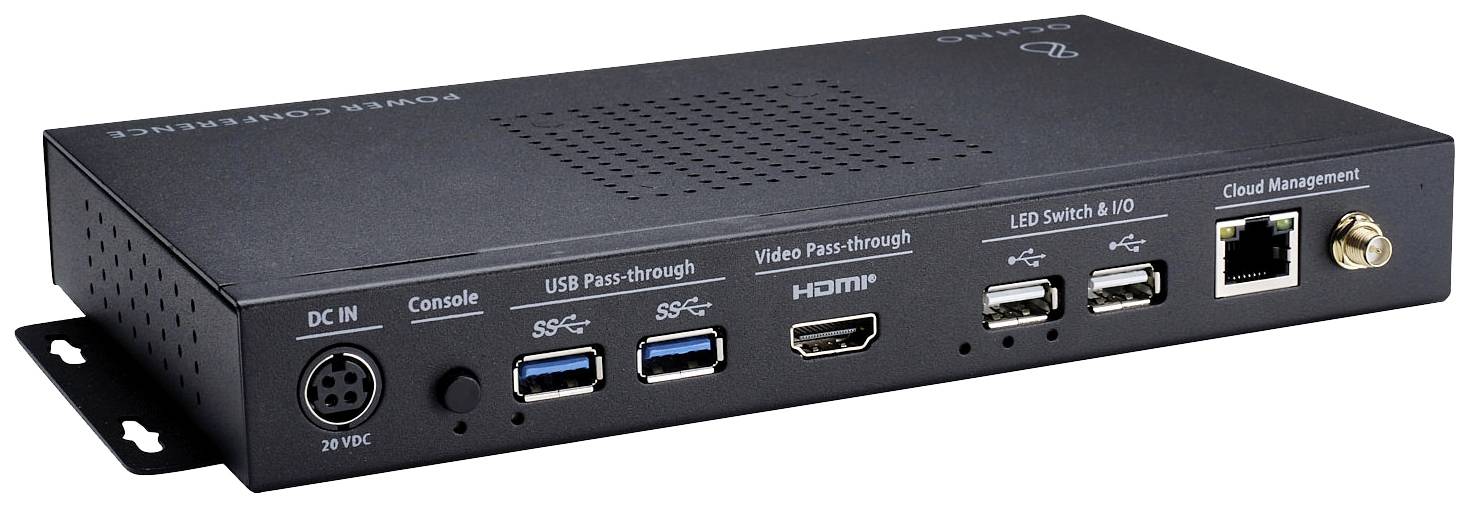Egy fekete elektronikai eszköz csatlakozókkal áram, konzol, USB, HDMI és hálózat számára. 'Cloud Management' felirattal ellátva.