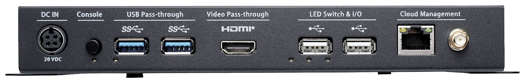 Egy eszköz hátulnézete több csatlakozóval: DC IN, USB, HDMI, LED kapcsoló, Ethernet felhőmenedzsmenthez.
