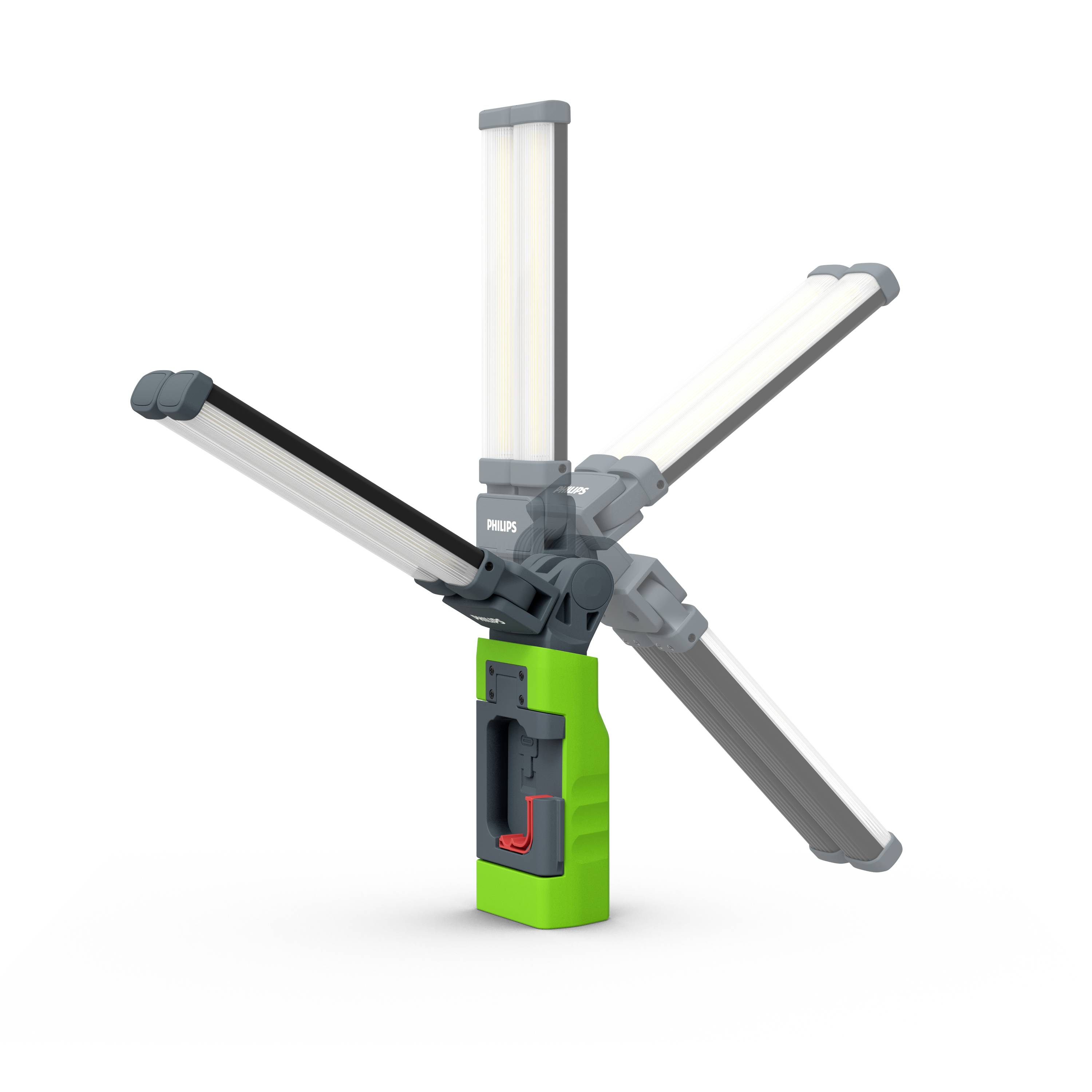 Zöld-szürke, hordozható LED-es munkalámpa forgatható, kinyitható karokkal, amely rugalmasan biztosít megvilágítást különböző szögekben.