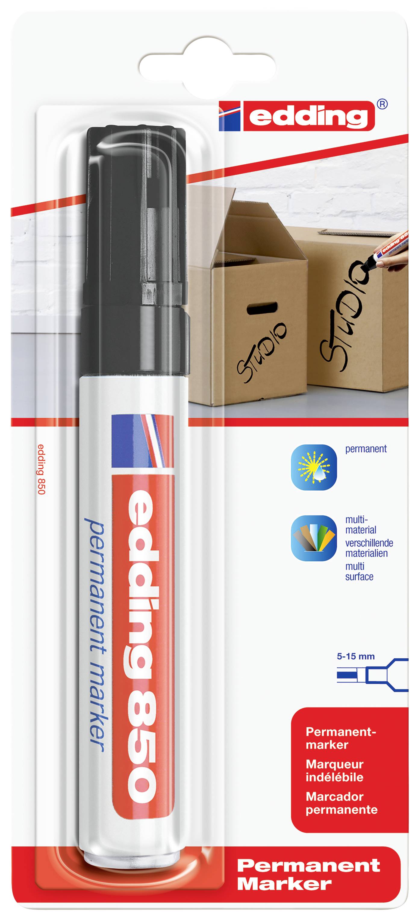 Egy fekete Edding 850 típusú permanent marker eredeti csomagolásban. Tökéletes megoldás költöztetődobozok és egyéb felületek feliratozásához.