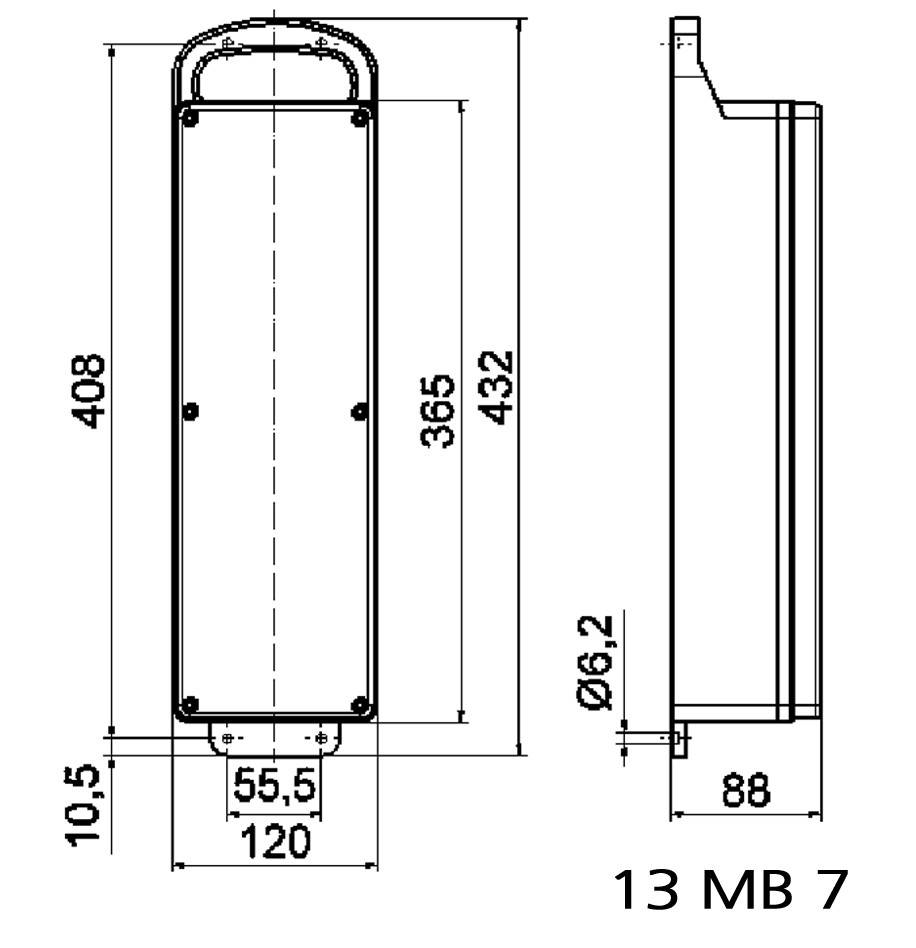 Műszaki rajz téglalap alakú házról méretekkel: hosszúság 432 mm, szélesség 88 mm, magasság 120 mm, furatátmérő 6,2 mm.