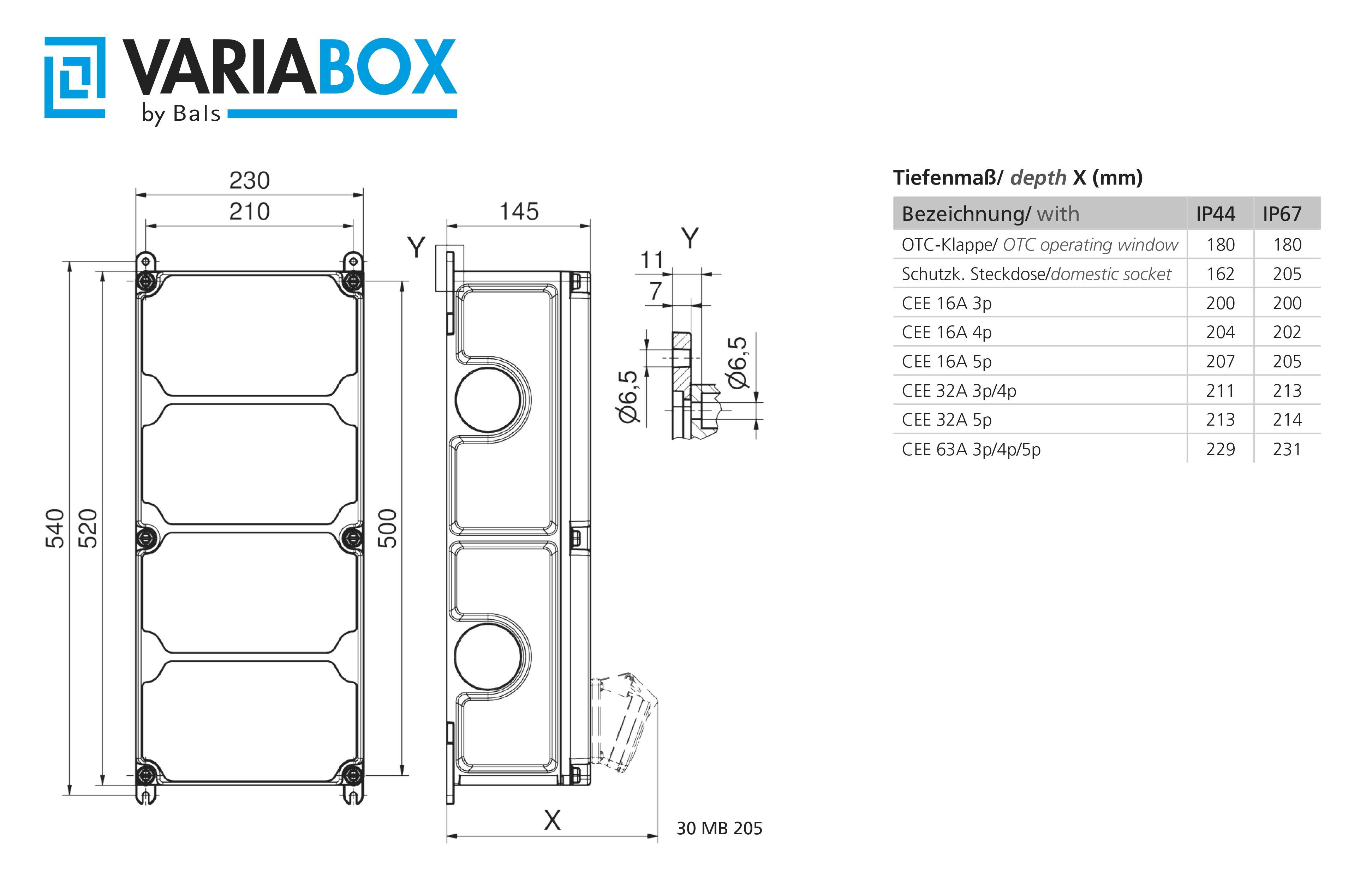 VARIABOX műszaki rajza: méretei 540x230x145 mm, három CEE csatlakozóaljzat, IP44/IP67: por- és vízvédettségi fokozat.
