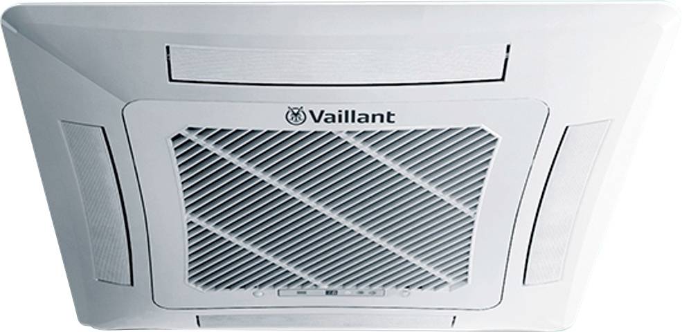 Vaillant légkondicionáló a mennyezetre szerelve, téglalap alakú levegőbevezető ráccsal és kezelőszervekkel.
