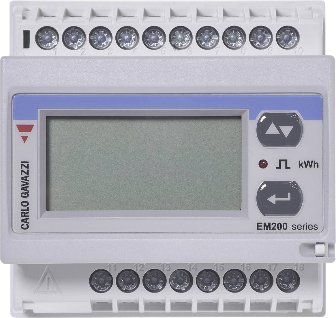 Carlo Gavazzi EM200 sorozatú kWh energiamérő elölnézete üres LCD kijelzővel és a tetején és alján lévő csatlakozó csavarokkal.