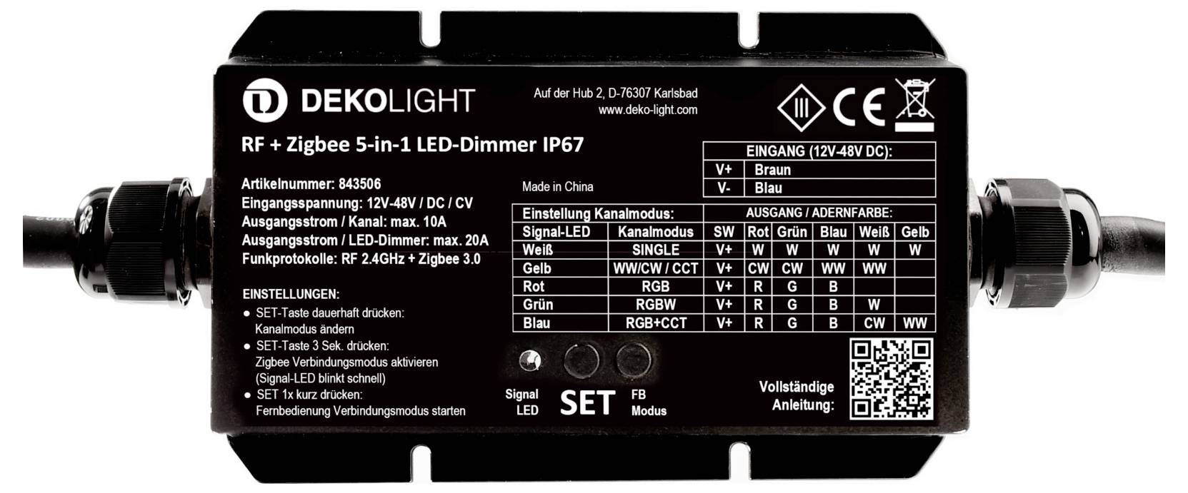 'DEKOLIGHT RF + Zigbee 5-az-1-ben LED-dimmer'. Bemenet: 12-48V DC, kimenet: max. 10A. Beállítások fehér vagy RGB LED-ekhez.
