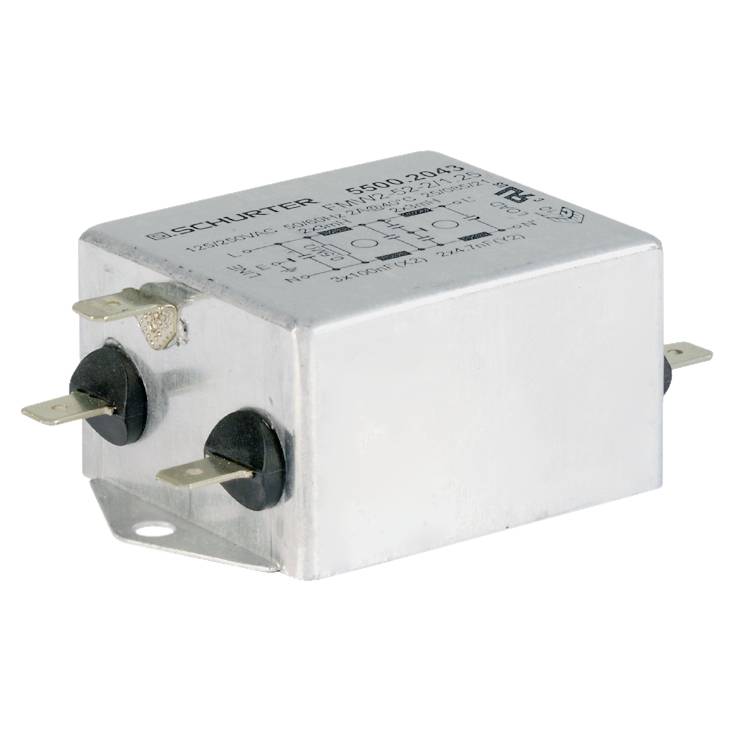 Egy téglalap alakú fémes zajszűrő három csatlakozóval, amelyet elektromágneses zavarok csökkentésére használnak.