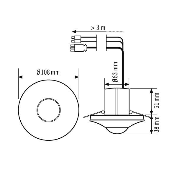 Műszaki rajz egy beépíthető lámpáról méretmegadással: Külső átmérő 108 mm, magasság 38 mm, kábel hosszabb mint 3 m.