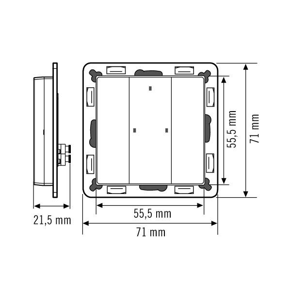 Egy fali kapcsoló telepítési méretének diagramja. Téglalap 71 mm szélességgel, 71 mm magassággal és 21,5 mm mélységgel.