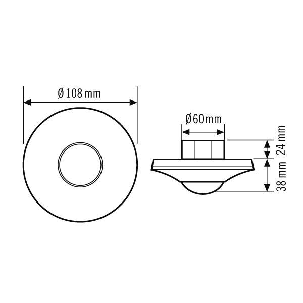 Műszaki rajz egy kerek tárgyról méretmegadással: Külső átmérő 108 mm, belső átmérő 60 mm. Magasság 38 mm, benne 24 mm-es horony.