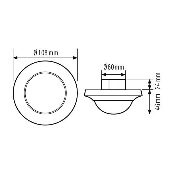 Egy 108 mm átmérőjű és 46 mm magasságú kerek tárgy rajza. Belső átmérő 60 mm. Méretek részletesen feltüntetve.