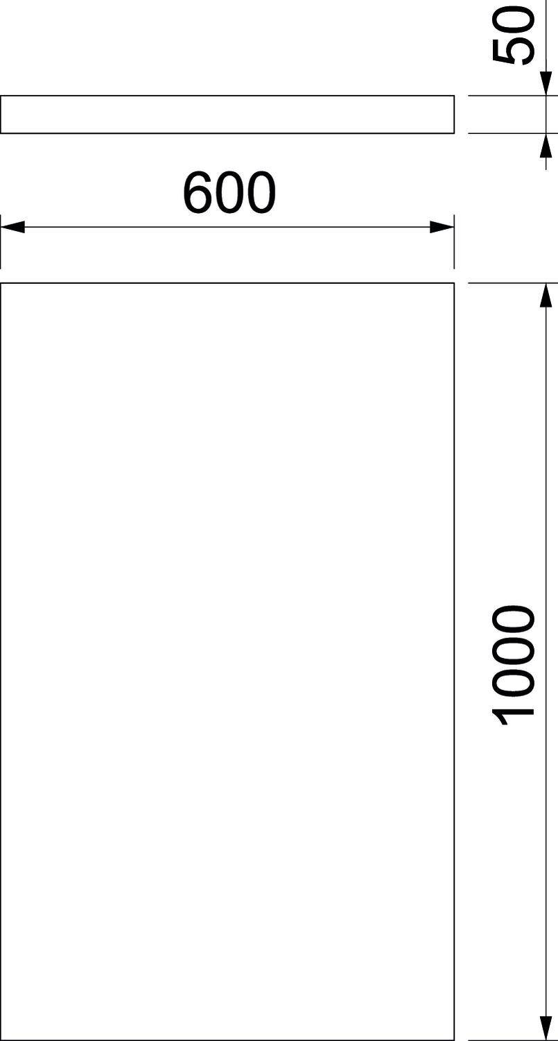 Téglalap a következő méretekkel: szélesség 600, magasság 1000. Egy csatlakozó keskeny csík felül: szélesség 600, magasság 50.