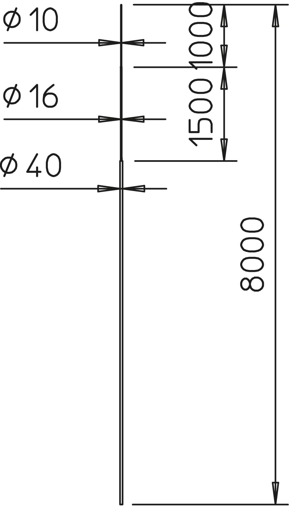 A séma egy 8000 mm hosszú vertikális rudat mutat, három vízszintes körrel: Ø 10, Ø 16, Ø 40. Az egyes körök közötti távolság: 1500 mm, 1000 mm.
