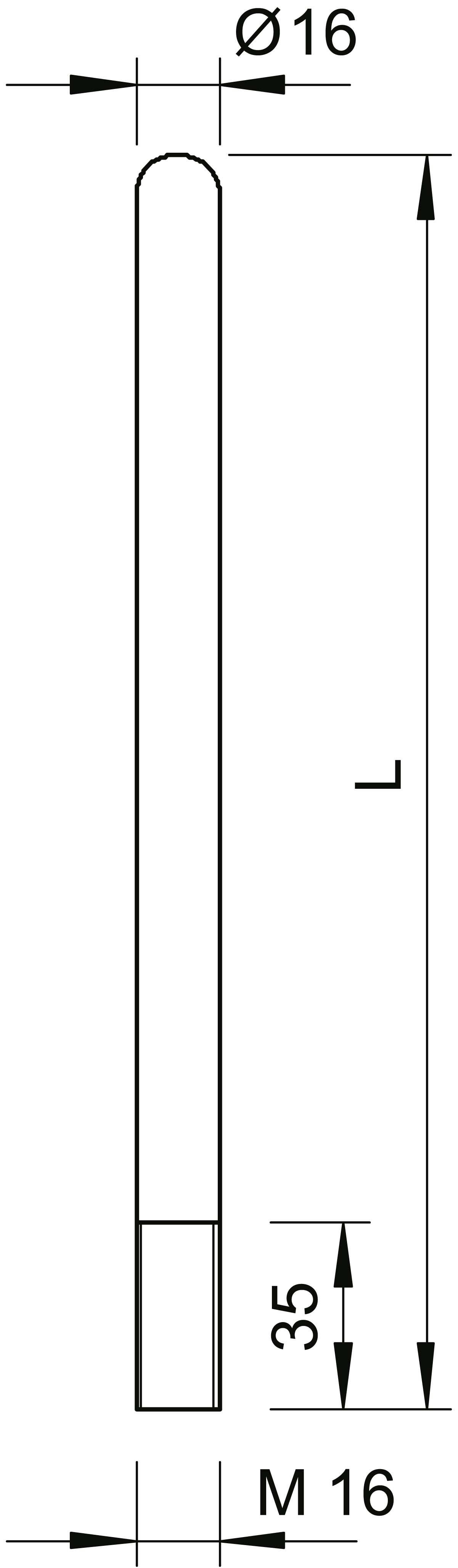 Hengeres rúd diagramja: Átmérő 16 mm, hosszúság nem megadva, alsó szakasz 35 mm M16-os menettel.