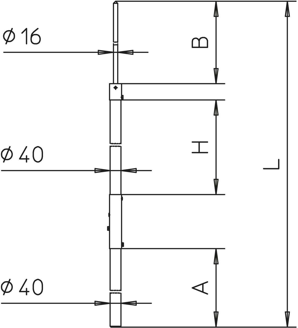 Egy alkatrész műszaki rajza hosszúsági és átmérő adatokkal: Átmérő Ø16, Ø40, teljes hosszúság L, H és A szakaszok.