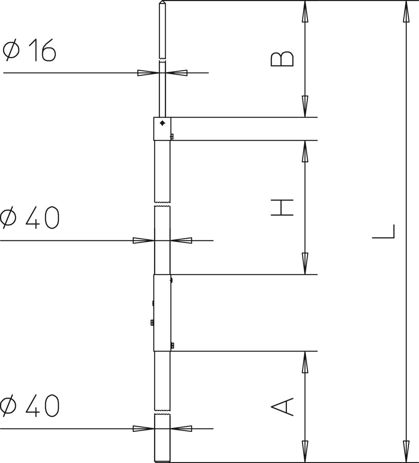 Műszaki rajz egy függőleges rúdról méretekkel. Átmérő felül: 16 mm, középen: 40 mm, teljes hossz: L, A, B és H szakaszokkal.