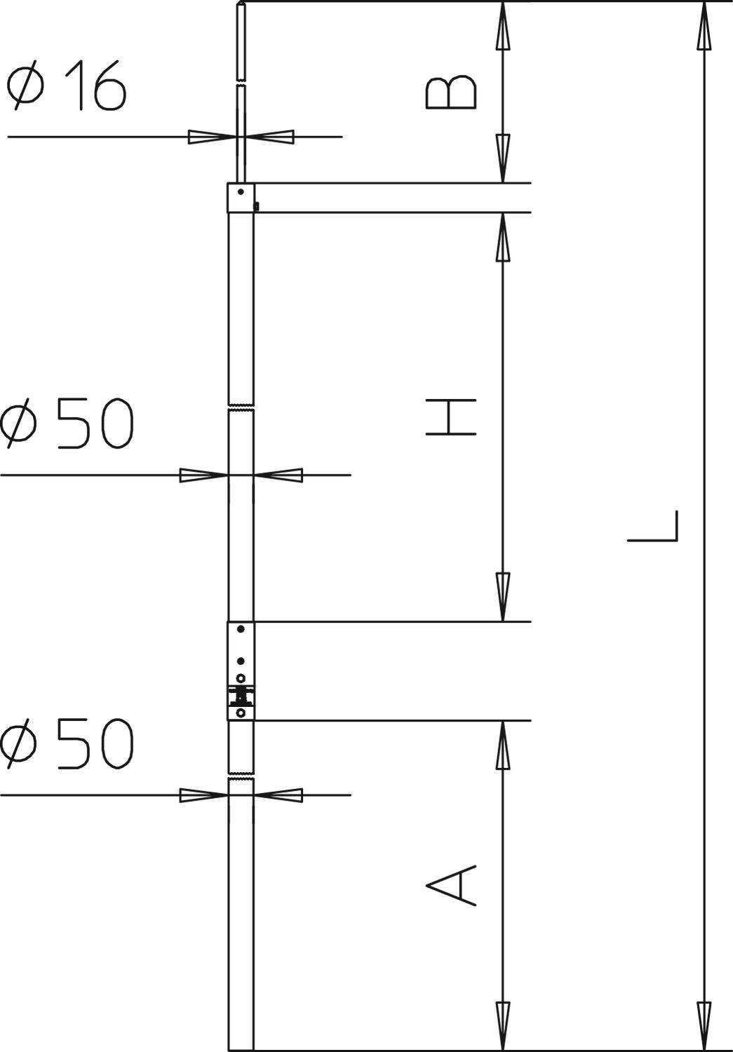 Egy vertikális cső műszaki rajza, amelyen jelölve vannak az átmérők (Ø16, Ø50), szakaszok (A, B, H, L) és csatlakozások.