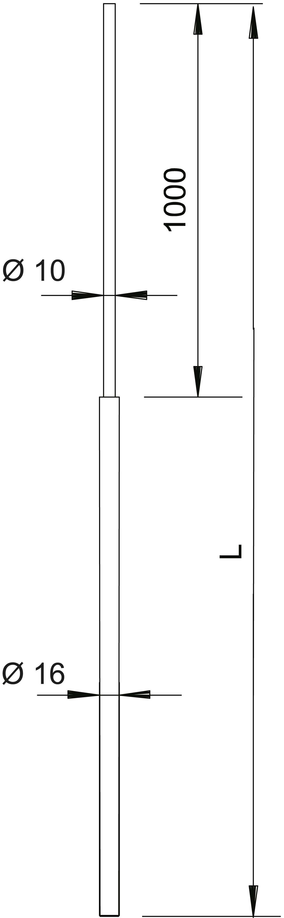 Műszaki rajz egy hengeres tárgyról, amelynek felső átmérője 10 mm, alsó átmérője 16 mm, hossza 1000 mm.