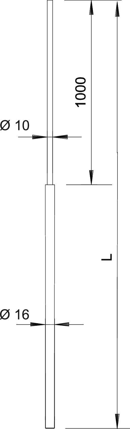 Műszaki rajz egy hengeres rúdról. Felső átmérő 10 mm, alsó átmérő 16 mm. Teljes hosszúság 1000 mm.