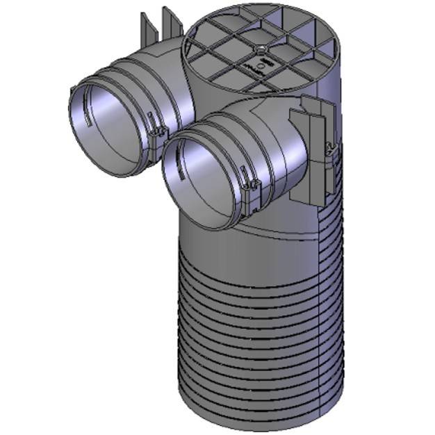 3D-modellje egy lefolyócsőnek két oldalsó csatlakozással és felületi struktúrával.