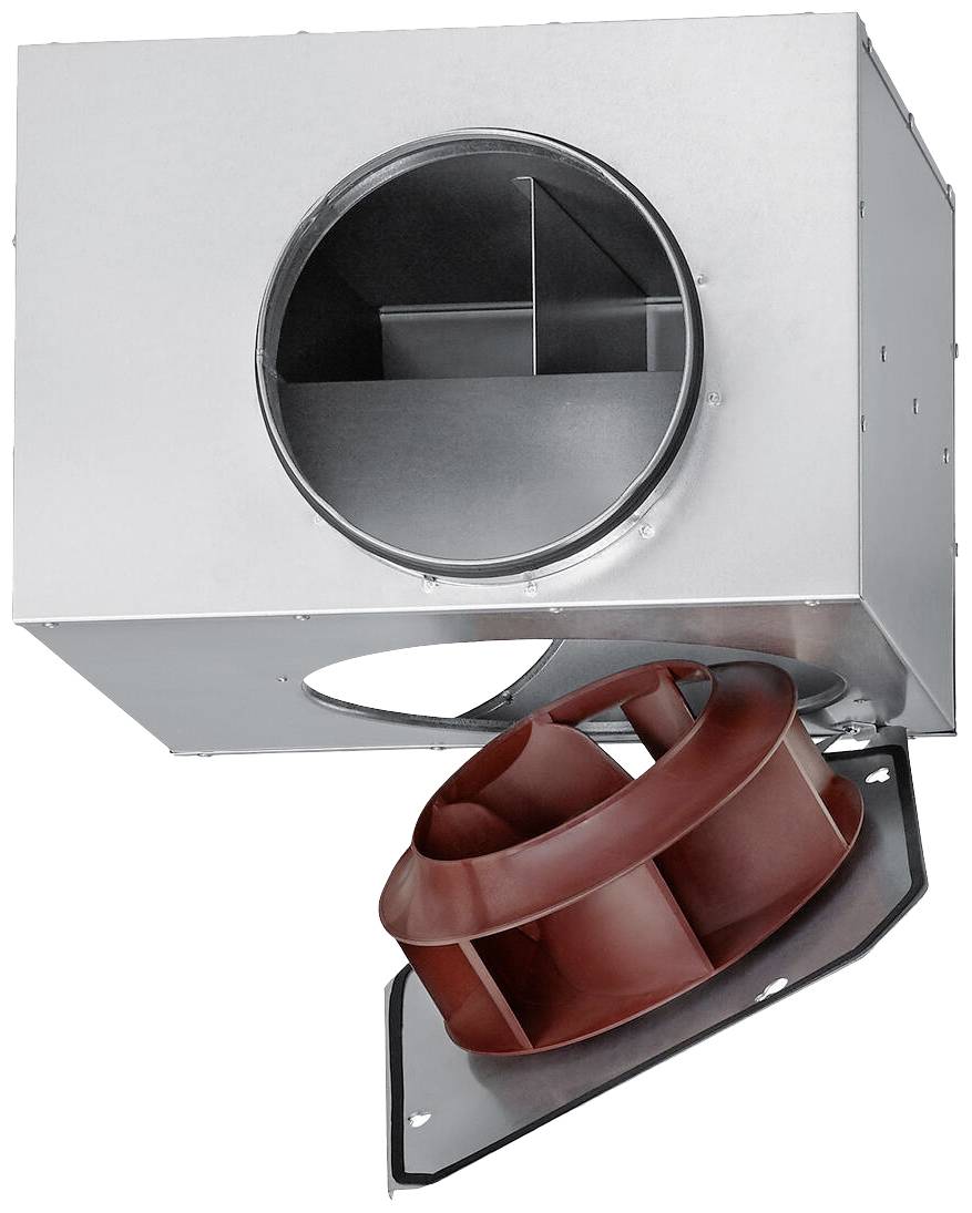 Egy téglalap alakú fémventilátor kerek kimenettel és külön, kivehető piros ventilátorrészegységgel. Alkalmas légkeringető rendszerekhez.