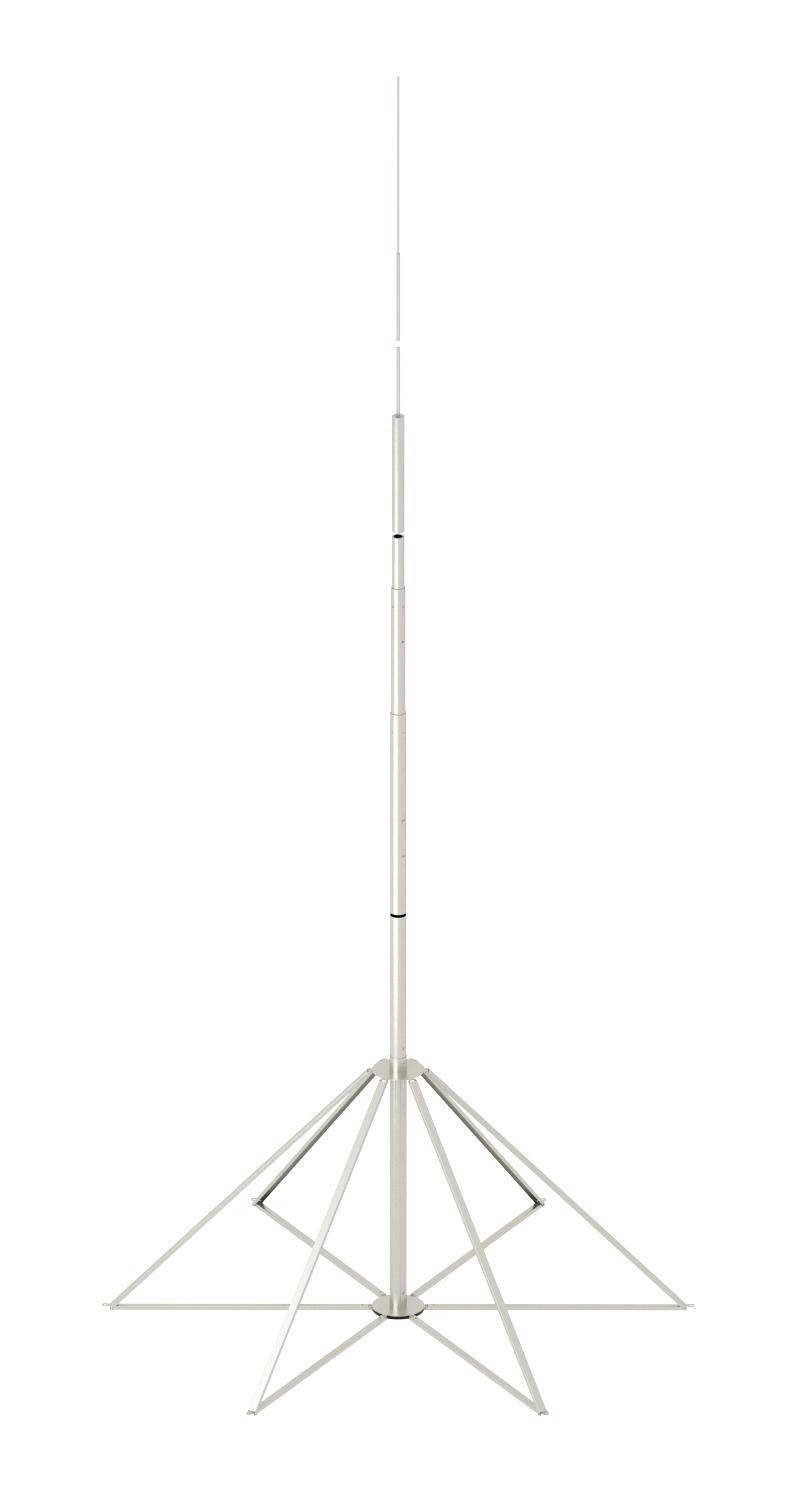 Egy fehér, vékony antenna több szegmenssel, hármlábú állványon. Alkalmas vezeték nélküli kommunikációra.