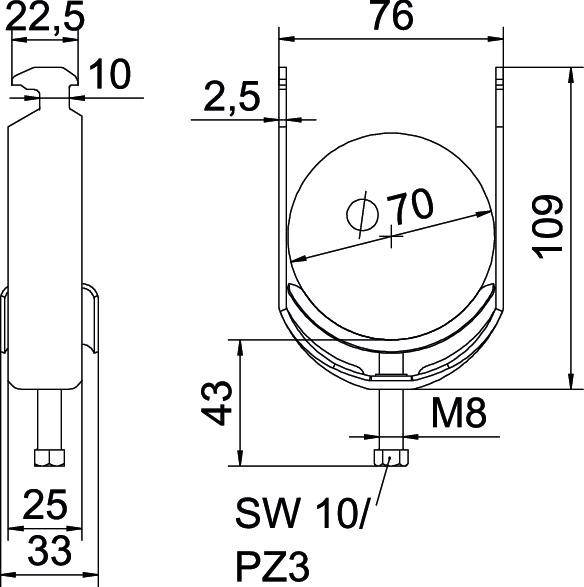 Műszaki rajz egy kerékről méretekkel. Szélesség 22,5 mm, átmérő 70 mm. Rögzítés M8-as csavar. Csavarkulcs mérete SW 10/PZ3.