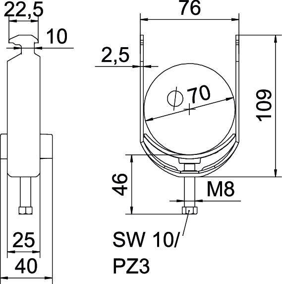 Műszaki rajz egy rögzítőelem méreteiről. Elölnézet 22,5 x 25 mm, oldalnézet 109 mm, furatátmérő 70 mm. M8-as csavar.