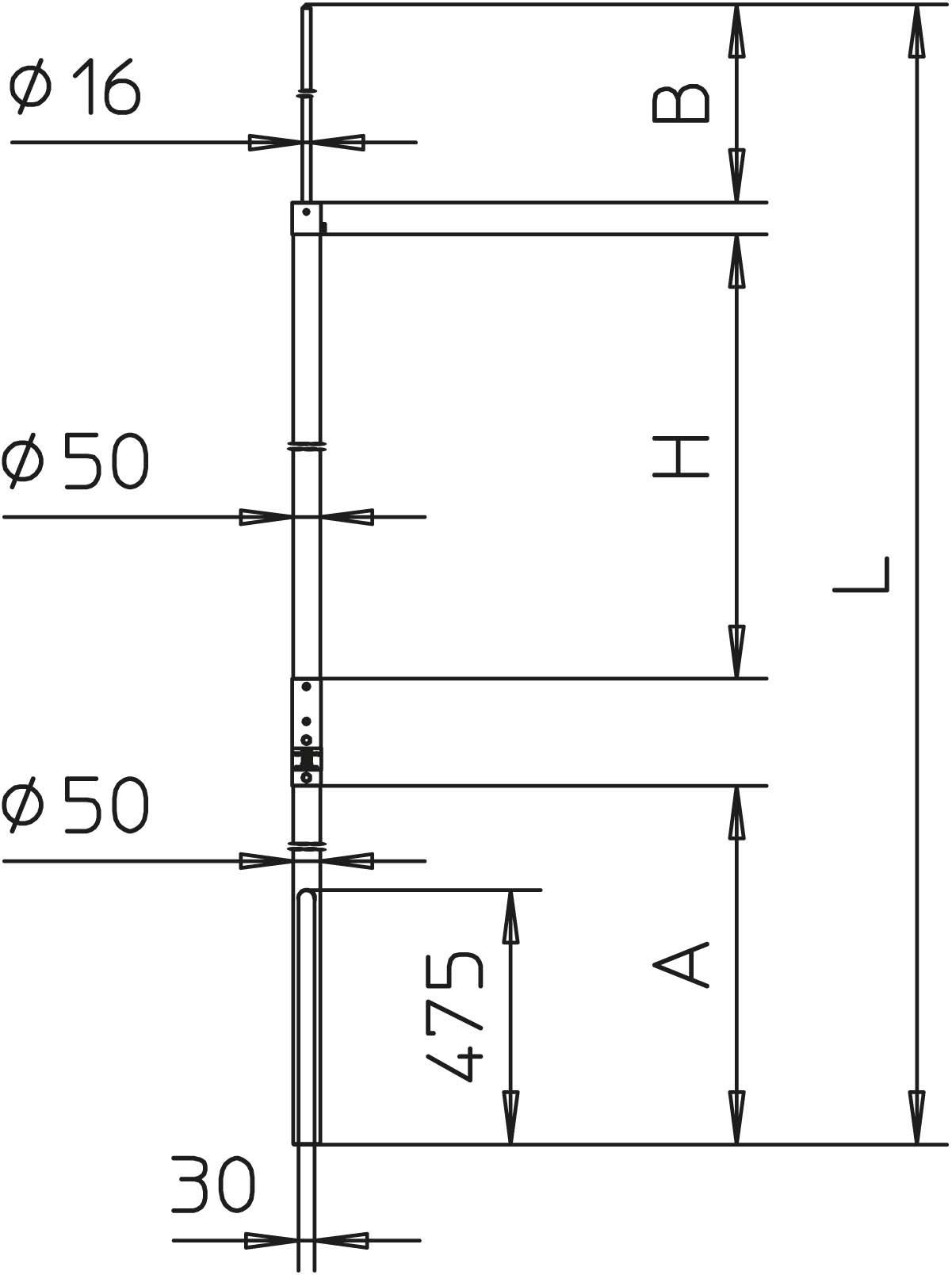 Műszaki rajz egy olyan szerkezetről, amely függőleges és vízszintes vonalakból áll. A méretezés Ø16, Ø50, 30 és 475 mm-ben van megadva.
