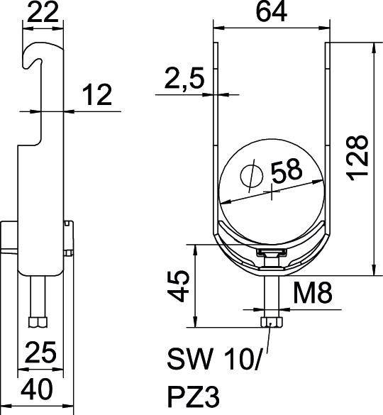Műszaki rajz egy alkatrészről méretekkel mm-ben: magasság 128, szélesség 64, rögzítési méret M8, felirat 'SW 10/PZ3'.