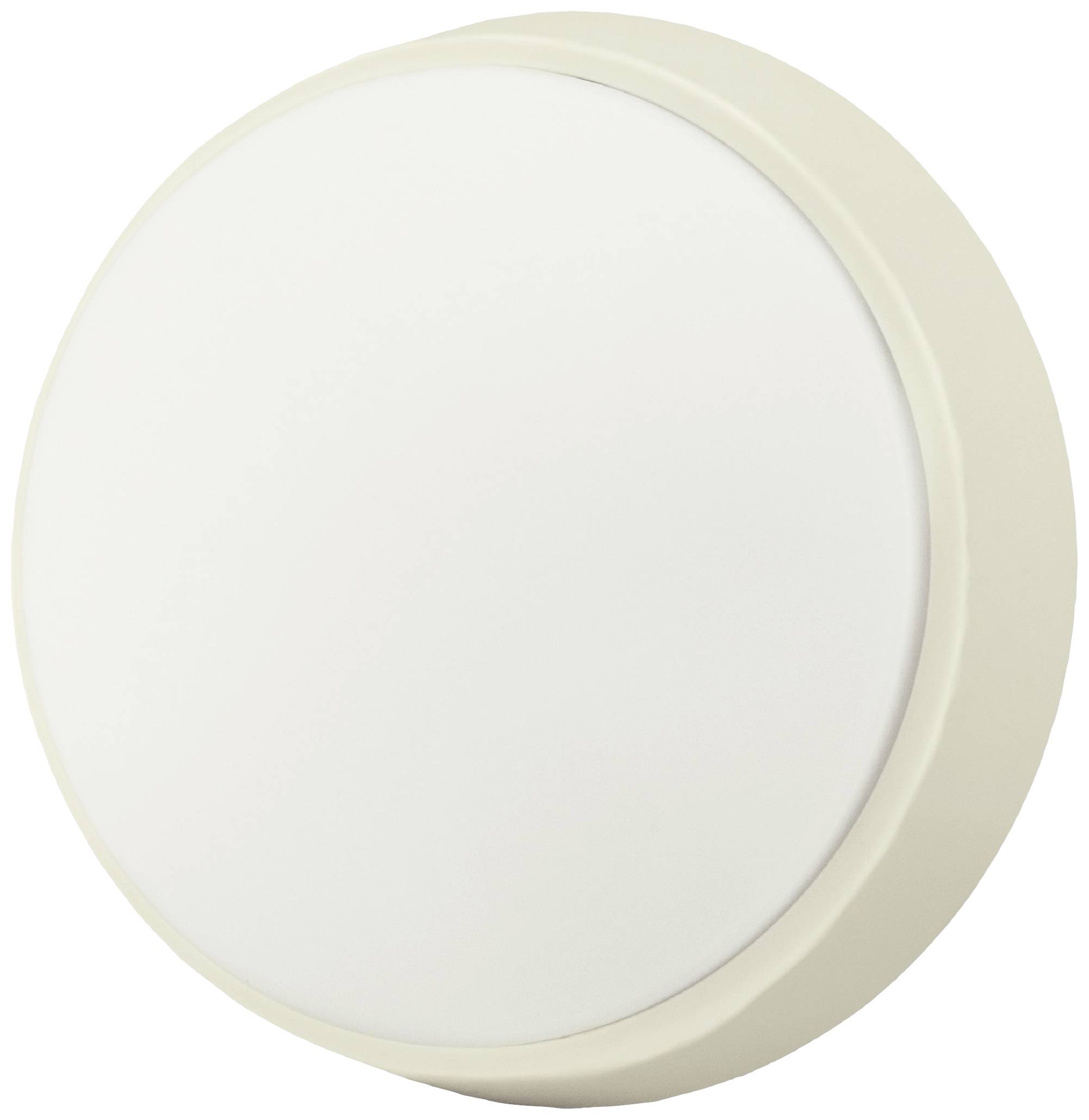 Kerek, fehér, lapos mennyezeti lámpa egyszerű dizájnban, krémszínű kerettel, beltéri világításhoz tervezve.