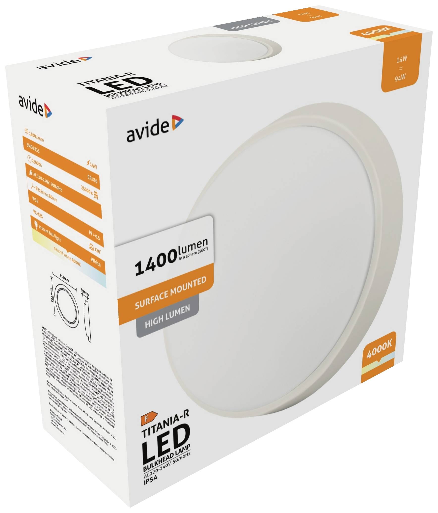Egy "avide" LED-beépíthető mennyezeti lámpa csomagolása, 1400 lumen, 16 watt, 4000K, IP54-es védettségű, felületre szerelhető.
