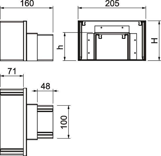 Műszaki rajz egy téglalap alakú alkatrészről a következő méretekkel: szélesség 160 mm, mélység 205 mm, magasság 'h' bal oldalon és 'H' jobb oldalon, egyéb részletekkel.