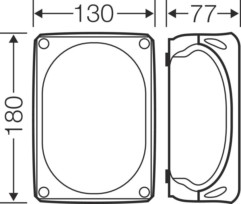 Műszaki rajz egy téglalap alakú alkatrészről ovális keretezéssel. Méretei: magasság 180 mm, szélesség 130 mm és mélység 77 mm.