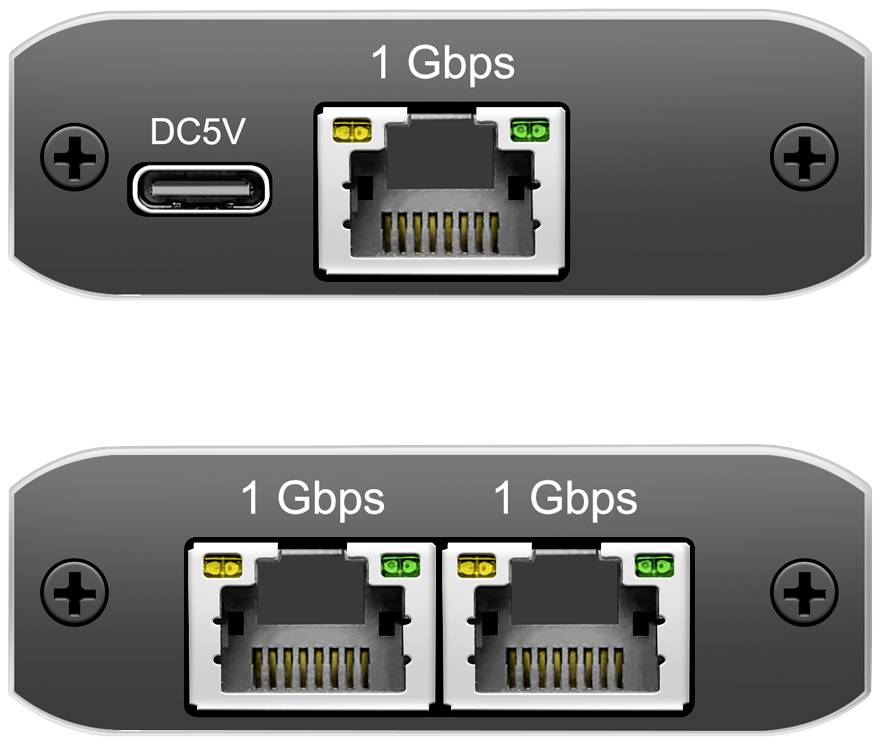 'Eszköz USB-C csatlakozóval 5V-os áramellátáshoz és 1 Gbps hálózati interfésszel. Lent: Két darab 1 Gbps hálózati csatlakozó.'