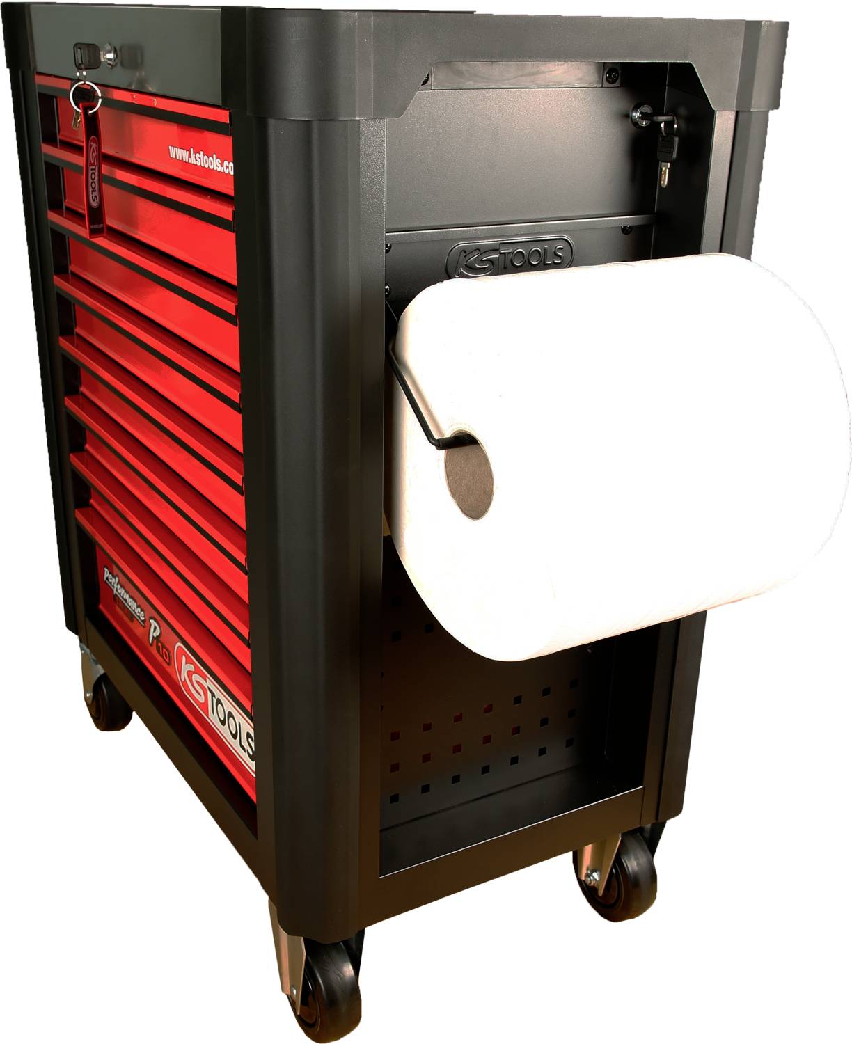 Piros szerszámoskocsi több fiókkal és oldalsó papírtekercs-tartóval, könnyed mozgathatóságot biztosító kerekeken.
